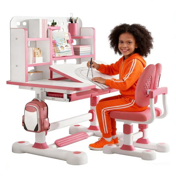 YNCE Kids Study Desk and Chair Set, Height Adjustable Children's Study Desk and Chair Set Toddler Learning Table and Stool Set with Bookshelf Storage Drawer 50-Degree Tiltable Desktop for Bedroom