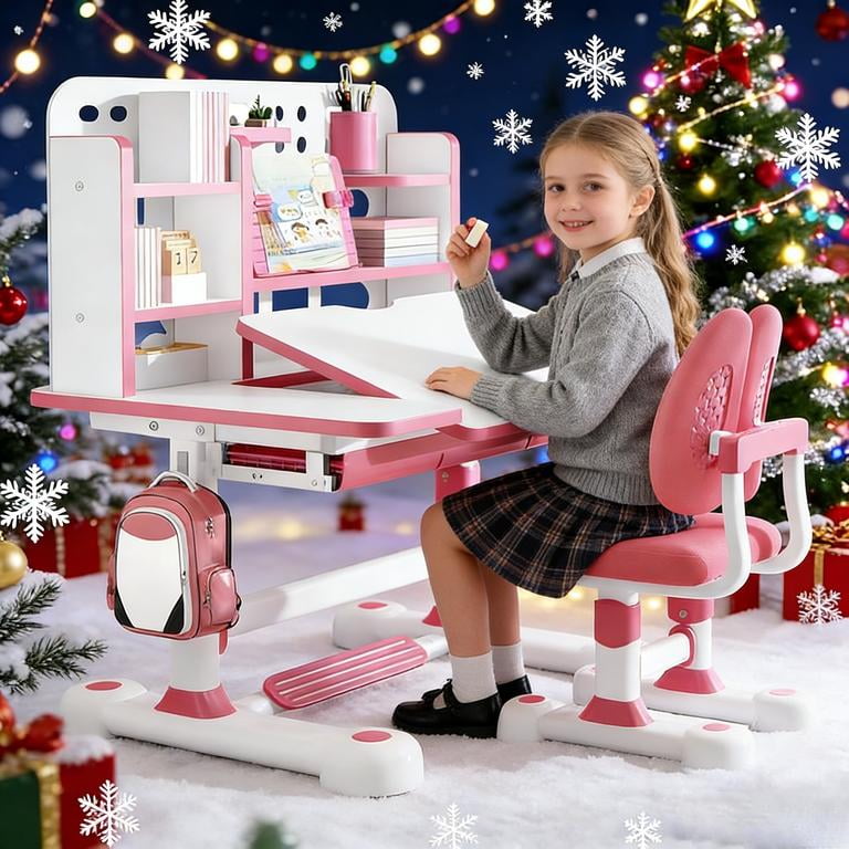 YNCE Kids Study Desk and Chair Set, Height Adjustable Children's Study Desk and Chair Set Toddler Learning Table and Stool Set with Bookshelf Storage Drawer 50-Degree Tiltable Desktop for Bedroom