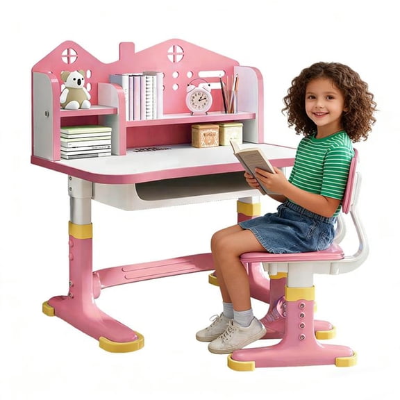 YNCE Kids Study Desk and Chair Set, Height Adjustable Kids School Desk, Cartoon Learning Desks, Kids Desk with Storage, Children Study Table with Storage, Castle Backboard, Bookshelf