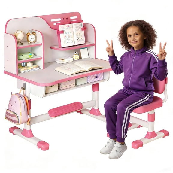 YNCE Kids Study Desk and Chair Set, Height Adjustable Kids Table and Chairs, Desk for Bedroom, Children School Study Writing Tables with Large Writing Board, Ideal Gifts for Boys Girls 6-12