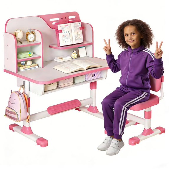 YNCE Kids Study Desk and Chair Set, Height Adjustable Kids Table and Chairs, Desk for Bedroom, Children School Study Writing Tables with Large Writing Board, Ideal Gifts for Boys Girls 6-12