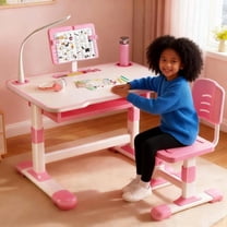 YNCE Kids Study Desk Chair Set, Height Adjustable Toddlers Writing Table with Tiltable Reading Stand, Living Room Bedroom Children Learning Table with Extra Large Drawer
