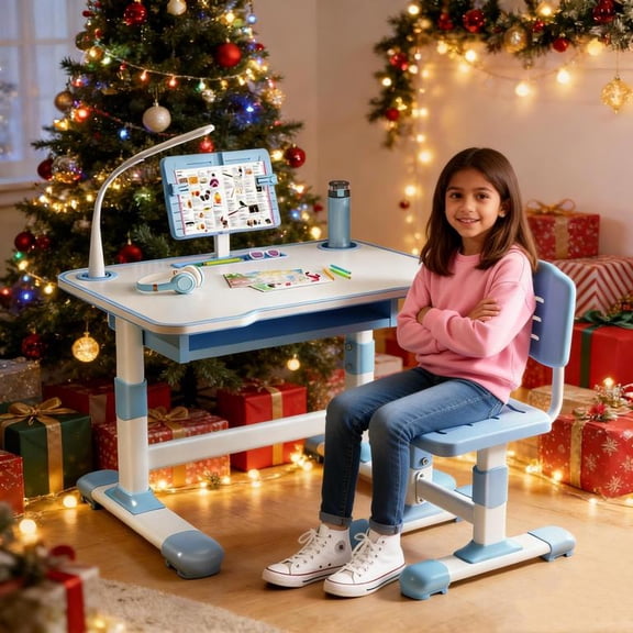 YNCE Kids Study Desk Chair Set, Height Adjustable Toddlers Writing Table with Tiltable Reading Stand, Living Room Bedroom Children Learning Table with Extra Large Drawer