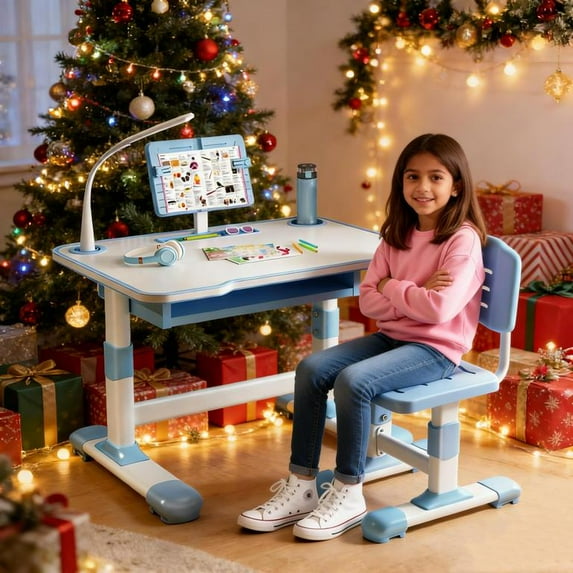 YNCE Kids Study Desk Chair Set, Height Adjustable Toddlers Writing Table with Tiltable Reading Stand, Living Room Bedroom Children Learning Table with Extra Large Drawer