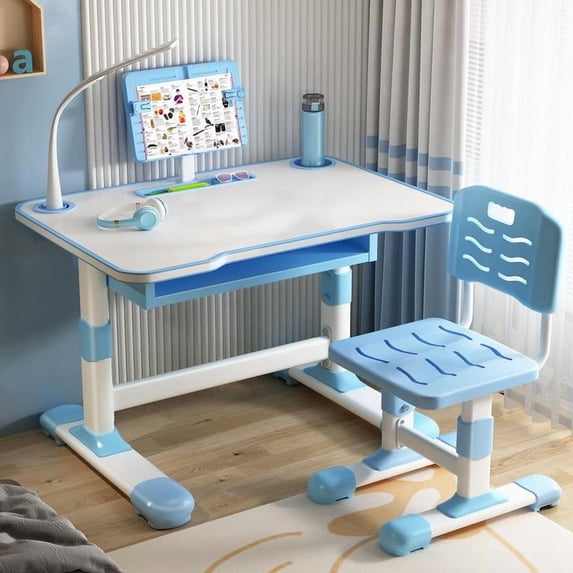 YNCE Kids Study Desk Chair Set, Height Adjustable Toddlers Writing Table with Tiltable Reading Stand, Living Room Bedroom Children Learning Table with Extra Large Drawer (Blue #8)
