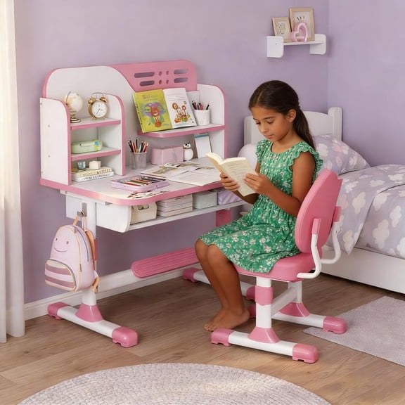 YNCE Kids Study Desk Chair Set, Kids Functional Desk and Chair Set Children School Study Table Chair Set with Astronaut Pattern, Ergonomic Desk Chair with Large Writing Board, Bookshelf and Drawer