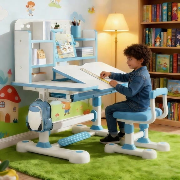 YNCE 2025 Upgrade Kid Desk and Chair Set, 50-Degree Tiltable Desktop Height Adjustable Kids Table and Chair Set with Bookshelf Storage Drawer for Bedroom Study Room