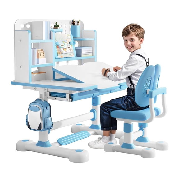 YNCE Kids Study Desk and Chair Set with Tilt Desktop (50-Degree), Height Adjustable Children Table Chair Set - Ergonomic Extra-Large Desktop & Storage Drawer Book Stand 300KG Capacity (Blue #9)