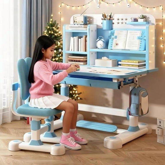 YNCE Kids Study Desk and Chair Set with Tilt Desktop, Fast Delivery US- Multi Functional Height Adjustable Children School Study Desk with Book Shelves, Bookstand, Foot Pedal, Hook Storage Drawer