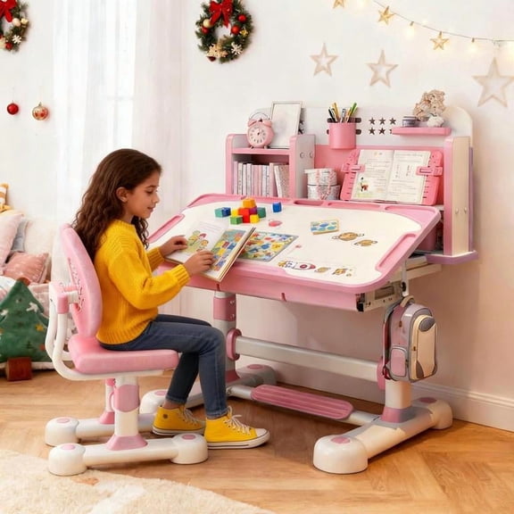 YNCE Kids Study Desk and Chair Set with Tilt Desktop, Fast Delivery US Multi Functional Height Adjustable Children School Study Desk with Book Shelves, Bookstand, Foot Pedal, Hook Storage Drawer