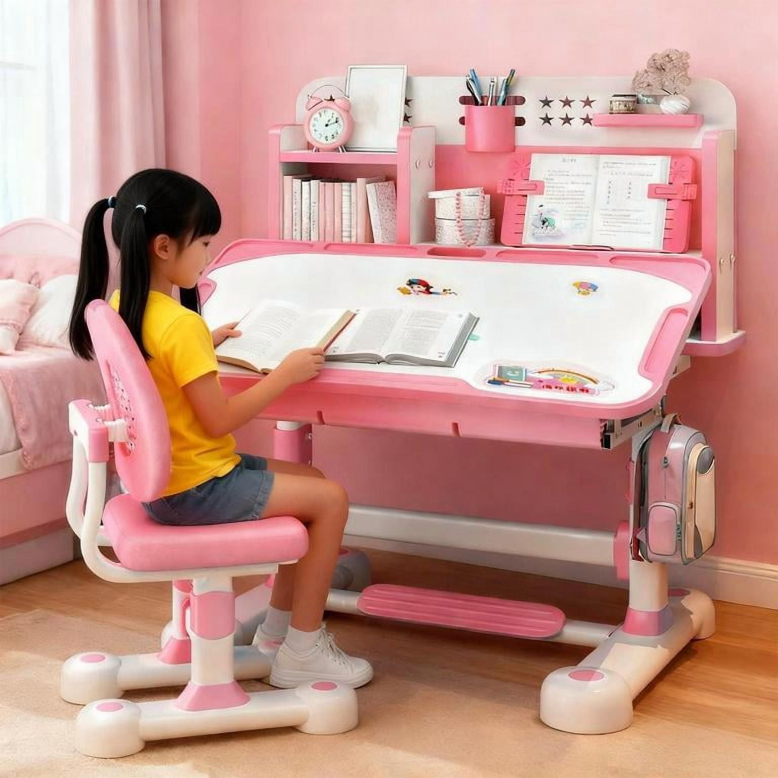 YNCE Kids Study Desk and Chair Set with Tilt Desktop, Fast Delivery US Multi Functional Height Adjustable Children School Study Desk with Book Shelves, Bookstand, Foot Pedal, Hook Storage Drawer
