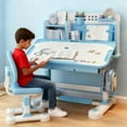thumbnail image 1 of YNCE Kids Study Desk and Chair Set with Tilt Desktop, Multi Functional Height Adjustable Children School Study Desk with Book Shelves, Bookstand, Foot Pedal, Metal Hook and Storage Drawer, 1 of 10