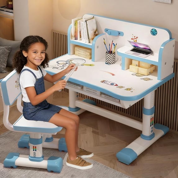 YNCE Kids Study Desk, Kids' Table Chair Sets with Castle Backboard, Storage,Drawers,Bookshelf,Child Toddler Writing Homework Table for Children's Room, Bedroom, Living Room