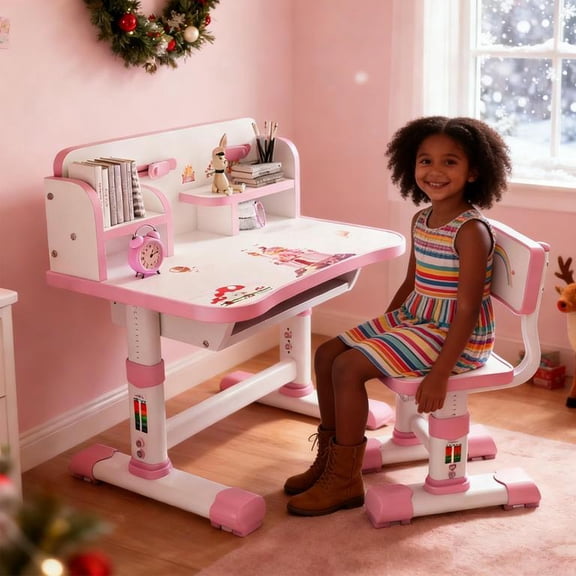 YNCE Kids Study Desk, Kids' Table Chair Sets with Castle Backboard, Storage,Drawers,Bookshelf,Child Toddler Writing Homework Table for Children's Room, Bedroom, Living Room