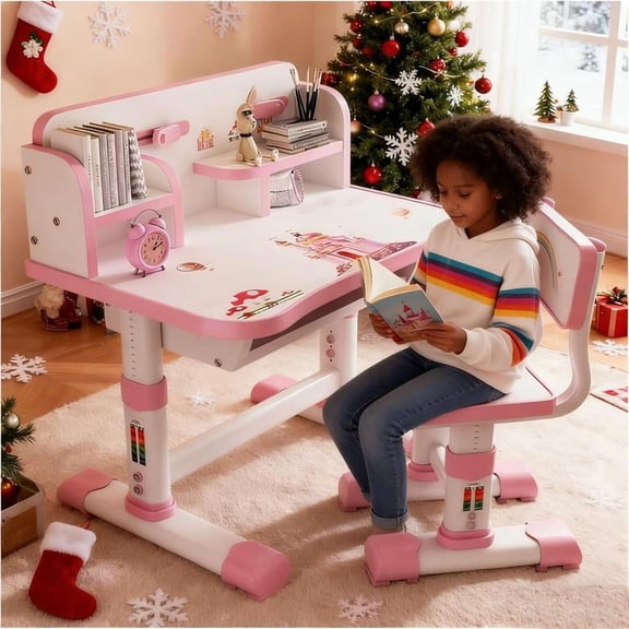 YNCE Kids Study Desk, Kids' Table Chair Sets with Castle Backboard, Storage,Drawers,Bookshelf,Child Toddler Writing Homework Table for Children's Room, Bedroom, Living Room