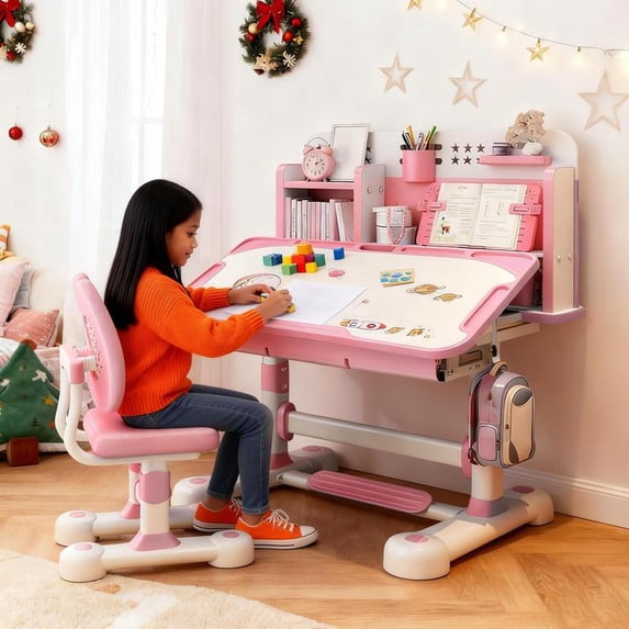 YNCE Kids Study Table and Chair Set | Height Adjustable Desk for Kids 6-12 | School Children Learning Table and Stool Set w/Tiltable Desktop Widened Tabletop for Bedroom | Ideal Gifts for Girls