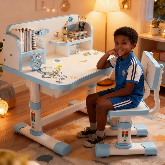 YNCE Kids Study Table and Chair Set, Height Adjustable Kids Study Desk with Cartoon Pattern, Widened Tabletop, Back Support & Spine Protect, Prevent Myopia, for Boys & Girls 3+