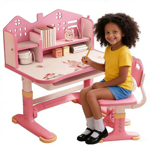 YNCE Kids Study Table and Chair Set, Adjustable Art Desk Girls Desk for Bedroom, Study Table with Large Writing Board Bookshelf and Drawer