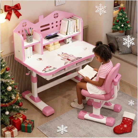 YNCE Kids' Table & Chair Set, Desk with Large Storage Drawer & Bookshelf, Height Adjustable (Pink #1)