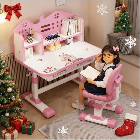 YNCE Kids Table and Chairs Set 5-16,Height Adjustable Children Study Chair Set,Multifunctional Writing Desk Table with Drawer,Bookstand,Ergonomic Learning Drawing Desk for Girl Boy