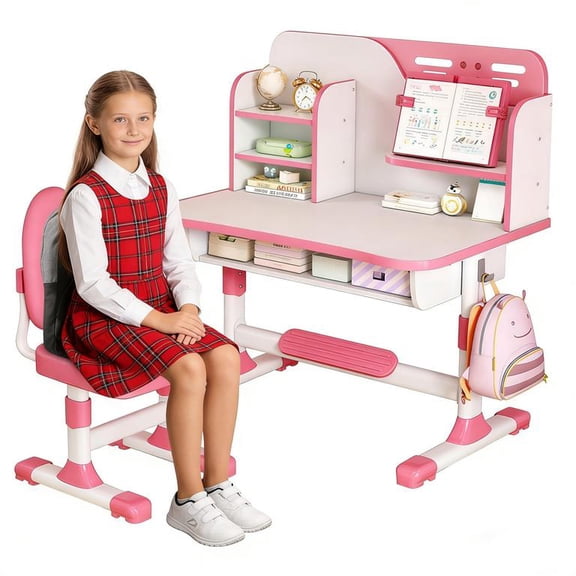 YNCE Kids Table and Chairs Set 5-16,Height Adjustable Children Study Desk Chair Set,Multifunctional Writing Desk Table with Drawer,Bookstand,Ergonomic Learning Drawing Table for Girl Boy