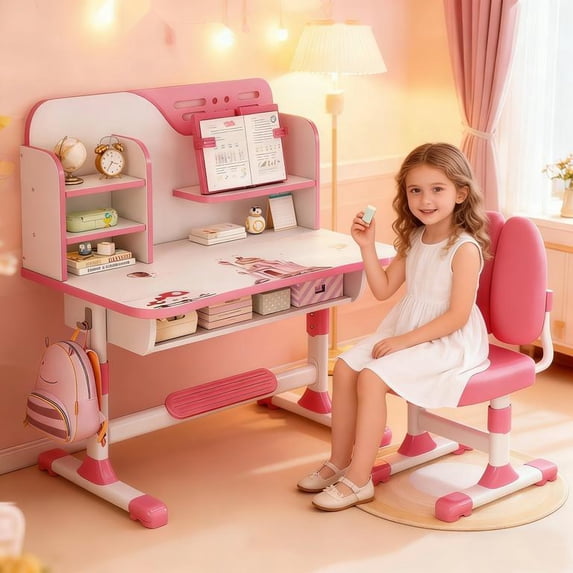 YNCE Premium Kids Study Desk Chair Set,Height Adjustable Children's Desk and Chair School Study Table Chair with Astronaut Pattern,Ergonomic Desk Chair with Writing Board, Bookshelf and Drawer