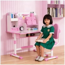 YNCE Small Desk, Kids Study Desk Chair Set, Height Adjustable Children School Study Table Chair Set with Sitting Corrector, Ergonomic Desk Chair with Book Stand, Foot Pedal, Partition Design