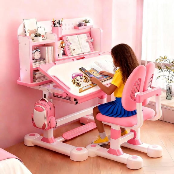 YNCE Small Desk, Kids Study Desk Chair Set, Height Adjustable Children School Study Table Chair Set with Sitting Corrector, Ergonomic Desk Chair with Book Stand, Foot Pedal, Partition Design