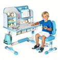 thumbnail image 1 of YNCE Small Desk, Standing Desk, Desk Chair Set, Height Adjustable Children School Study Table Chair Set with Astronaut Pattern, Ergonomic Desk Chair with Large Writing Board, Bookshelf and Drawer, 1 of 10