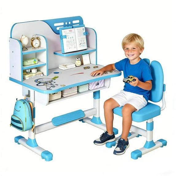 YNCE Small Desk, Standing Desk, Desk Chair Set, Height Adjustable Children School Study Table Chair Set with Astronaut Pattern, Ergonomic Desk Chair with Large Writing Board, Bookshelf and Drawer