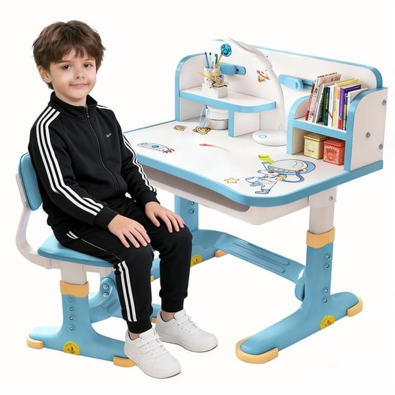 YNCE Study Desk with Chair for Kids 3-12, Height Adjustable Kids Functional Desk & Chair Set - Density Board Golden Distance Scientific Separation Child's School Study Writing Tables