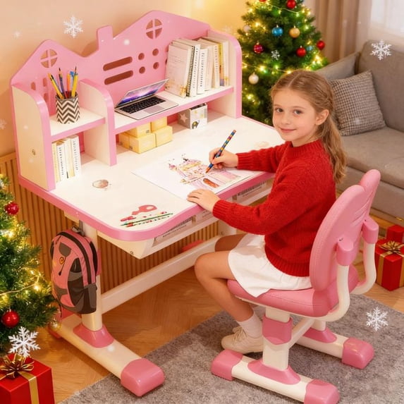 YNCE Study Desk with Chair for Kids 3-12, Height Adjustable Kids Functional Desk & Chair Set - Density Board Golden Distance Scientific Separation Child's School Study Writing Tables