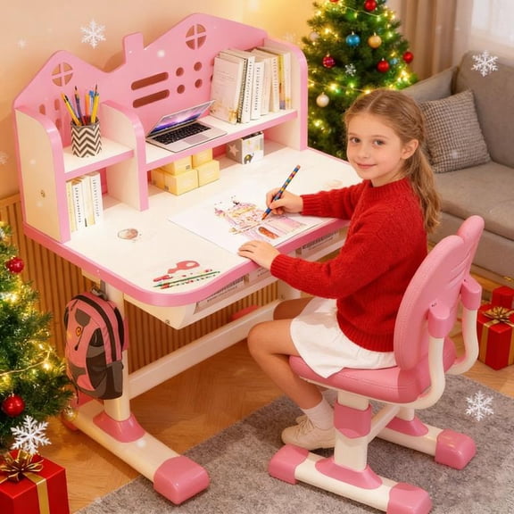 YNCE Study Desk with Chair for Kids 3-12, Height Adjustable Kids Functional Desk & Chair Set - Density Board Golden Distance Scientific Separation Child's School Study Writing Tables