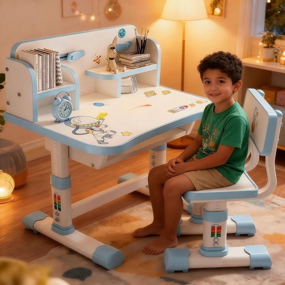 YNCE Kids Functional Desk and Chair Set, Height Adjustable Study Desk With Storage Drawer for Children, Boys and Girls
