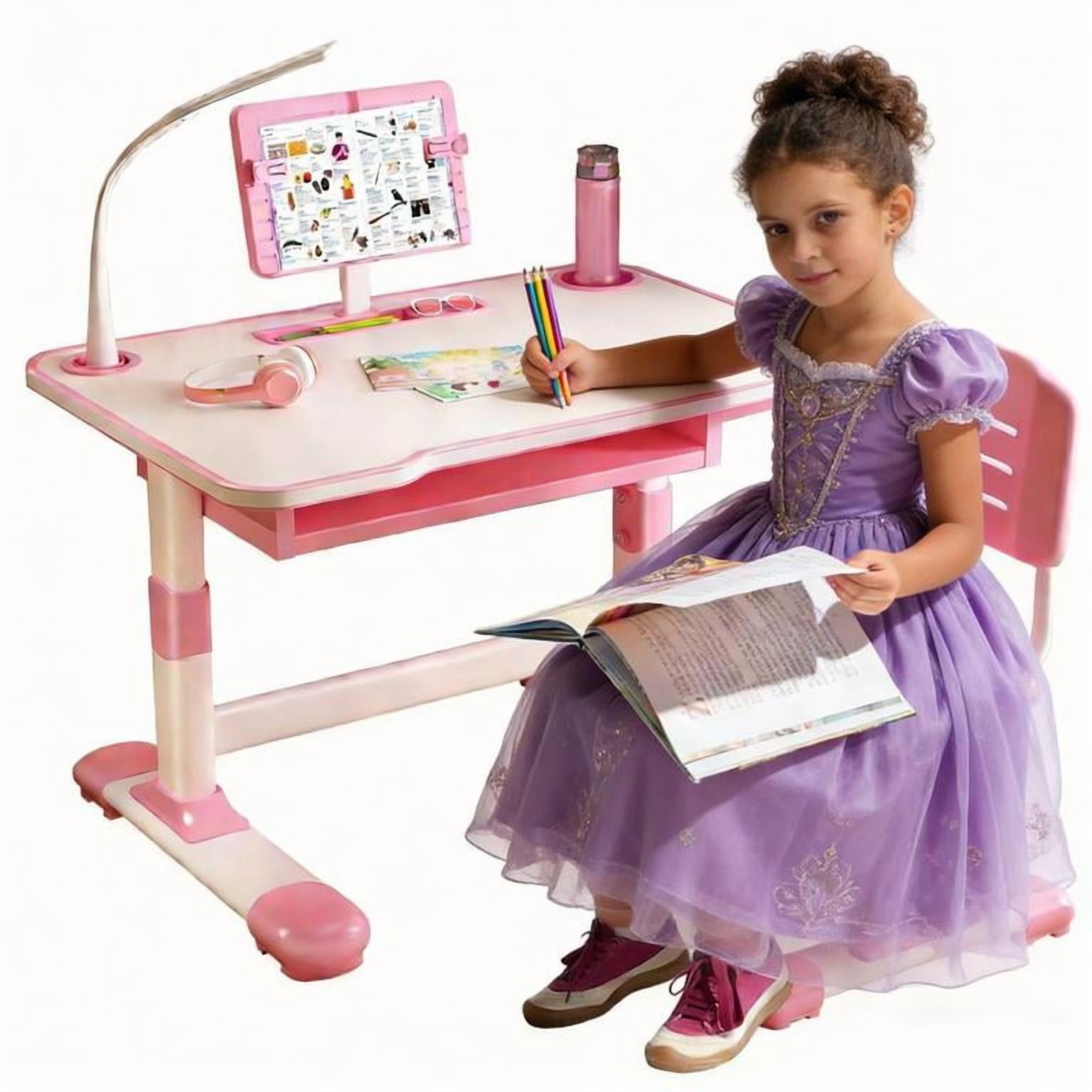 YNCE Study Desk Chair Set for Girl, Height Adjustable Toddlers Writing ...