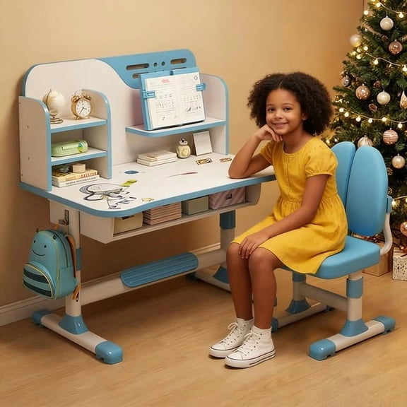 YNCE Talent Star Kids Desk and Chair Set,Adjustable Girls School Writing Study Table,Ergonomic Desk Chair with Large Writing Board Pull Out Drawer Book Stand