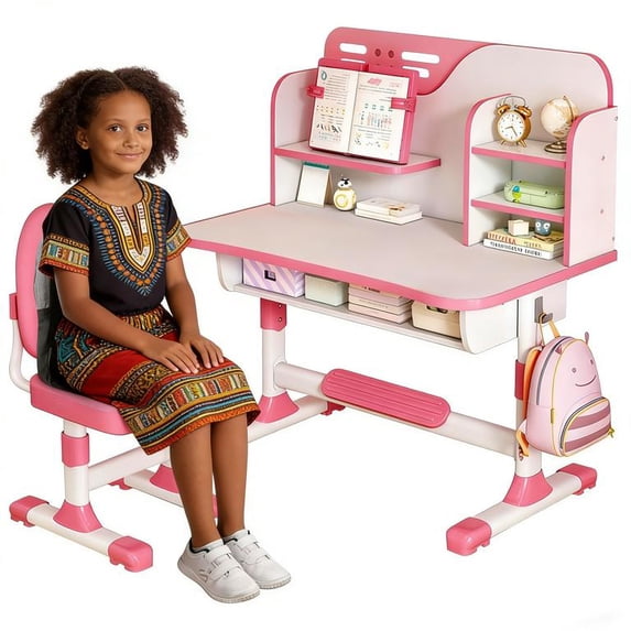 YNCE Talent Star Kids Desk and Chair Set,Adjustable Girls School Writing Study Table,Ergonomic Desk Chair with Large Writing Board Pull Out Drawer Book Stand