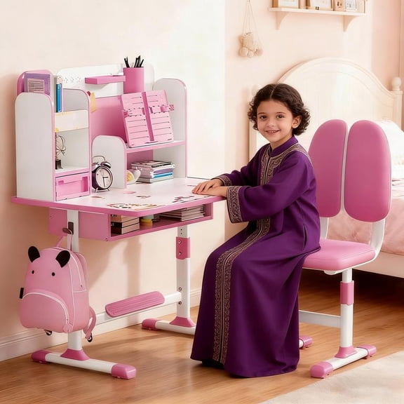 YNCE 【US Shipped】 Kids Functional Desk and Chair Set, Ergonomic Height Adjustable Children School Study Desk with Book Stand, Storage Drawer and Metal Hook for Boys Girls