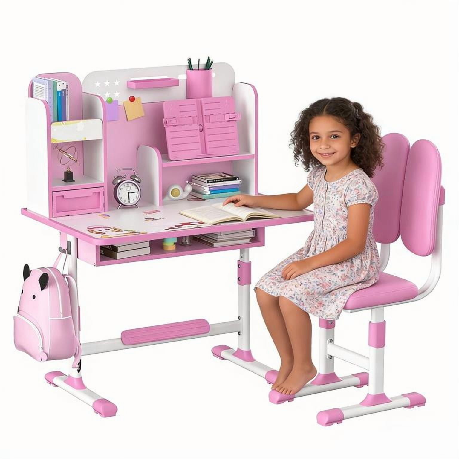 YNCE 【US Shipped】 Kids Functional Desk and Chair Set, Ergonomic Height Adjustable Children School Study Desk with Book Stand, Storage Drawer and Metal Hook for Boys Girls
