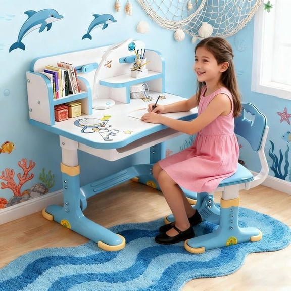 YNCE 【US Shipped】 Kids Functional Desk and Chair Set, Study Desk for Children with Chair, Kids Desk and Chair Set,Height Adjustable Children School Study Desk with Storage Drawer for Boys Girls