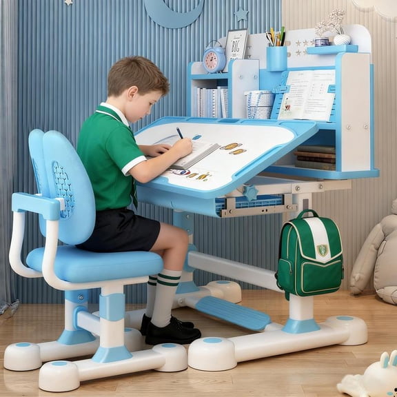 YNCE Upgraded Kid's Desk and Chair Set, Adjustable Children's Study Table with Bookshelf and Storage Drawer, 50-Degree Tiltable Desktop with Chair for Bedroom (Blue #1)