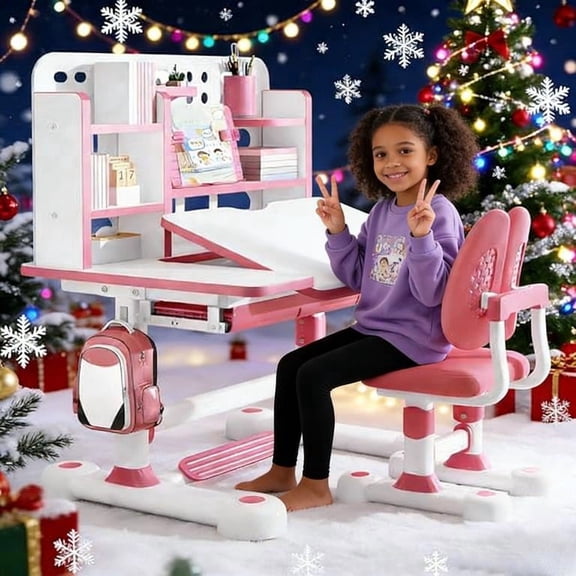 YNCE Upgraded Kid's Desk and Chair Set, Adjustable Children's Study Table with Bookshelf and Storage Drawer, 50-Degree Tiltable Desktop with Chair for Bedroom