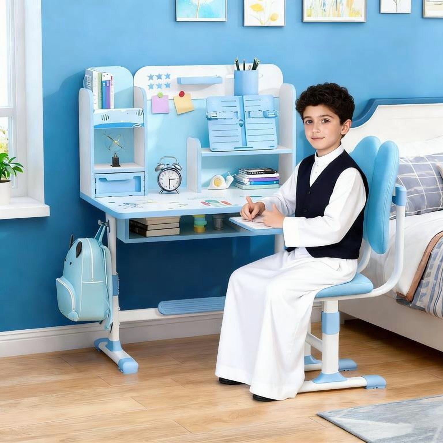 YNCE Upgraded Kids Desk and Chair Set, Height Adjustable Functional Desk and Chair Set for Kids 8-12, Study Table for Girls Boys, Writing Table