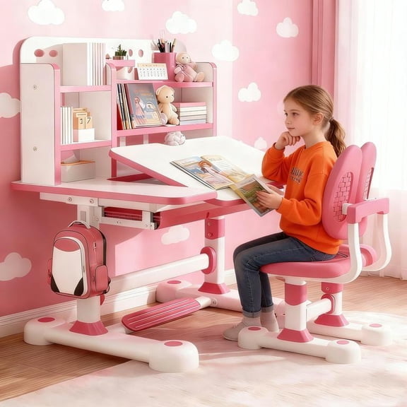 YNCE Kids Desk and Chair Set, Height Adjustable Kids Study Desk with Widened Tabletop, Tiltable Reading Stand, Spine Protect & Prevent Myopia, for Boys & Girls 6+