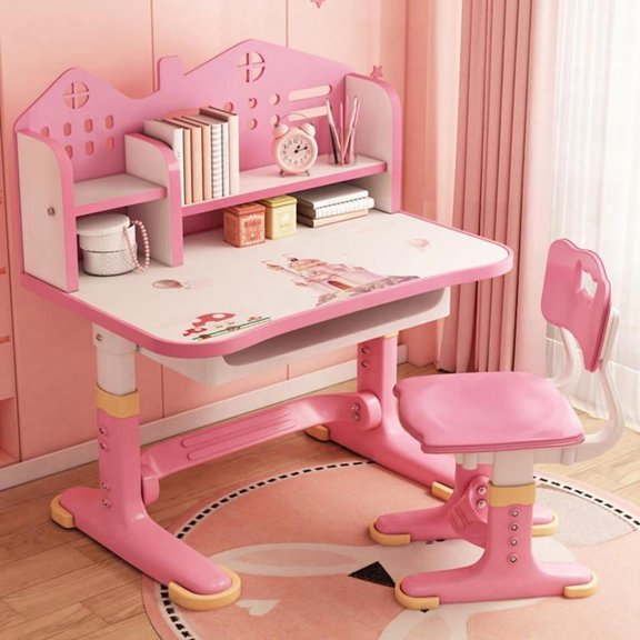 YNCE Widened Desktop Multi Separation Cartoon Pattern Kids Adjustable Height Study Table with Drawer and Chair (Pink #5)
