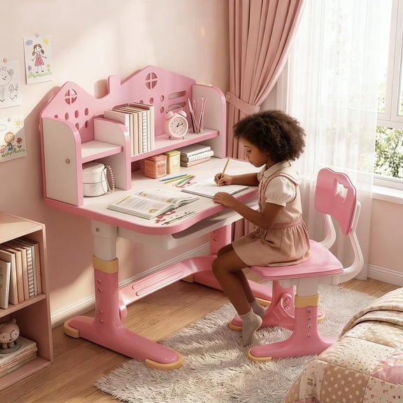YNCE Widened Desktop Multi Separation Cartoon Pattern Kids Adjustable Height Study Table with Drawer and Chair