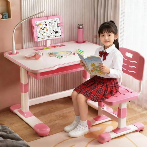 YNCE cdar Kids Desk with Chair Cartoon Pattern Height Adjustable Children Study Table Set, Ergonomic Scientific Separation Writing Desk with Tilt Book Stand Drawer Birthday Gift for Boys Girls
