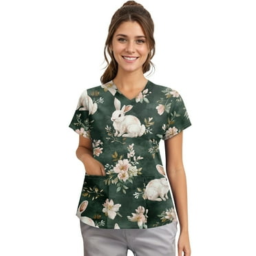 YNGKMEA Dark Green Easter Scrub Tops for Women Plus Size Nurse Uniforms Petite V Neck Easter Eggs Bunny Graphic Yoga Scrub Tee Tops Scrub T Shirts Medical Easter Scrub Tops with Pockets Dark Green S