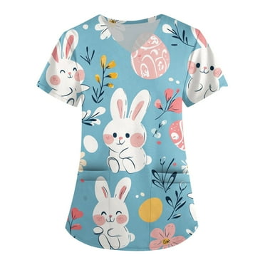 YNGKMEA Easter Scrub Tops for Woman Plus Size Nursing Uniforms Stretchy V-Neck Easter Eggs Printed Scrub T-Shirt Tops Medical Scrubs Easter Scrub Tops Scrub Jumpsuit Royal Blue S