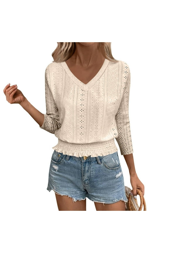 Eyelet Tops for Women Fashion Smocked Cuffs V Neck T Shirts 3/4 Sleeve Loose Fit Elastic Waist Crop Tops Banded Bottom Beach Clothes 2025 Fall Beige L
